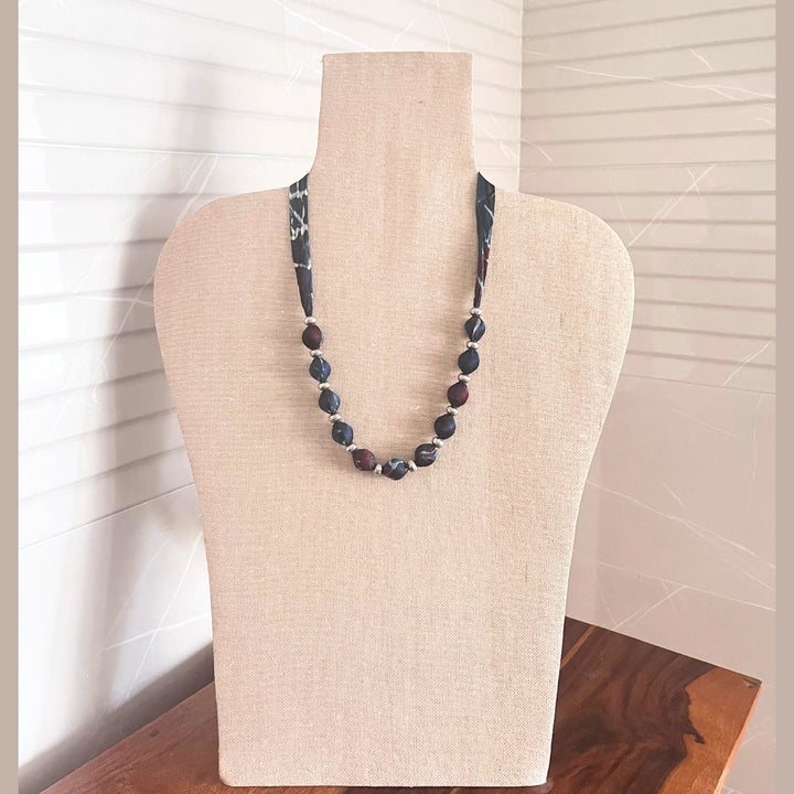 Beaded Ajrakh Necklace | Minimalist Design | Hand Crafted Fabric Beads | Indigo