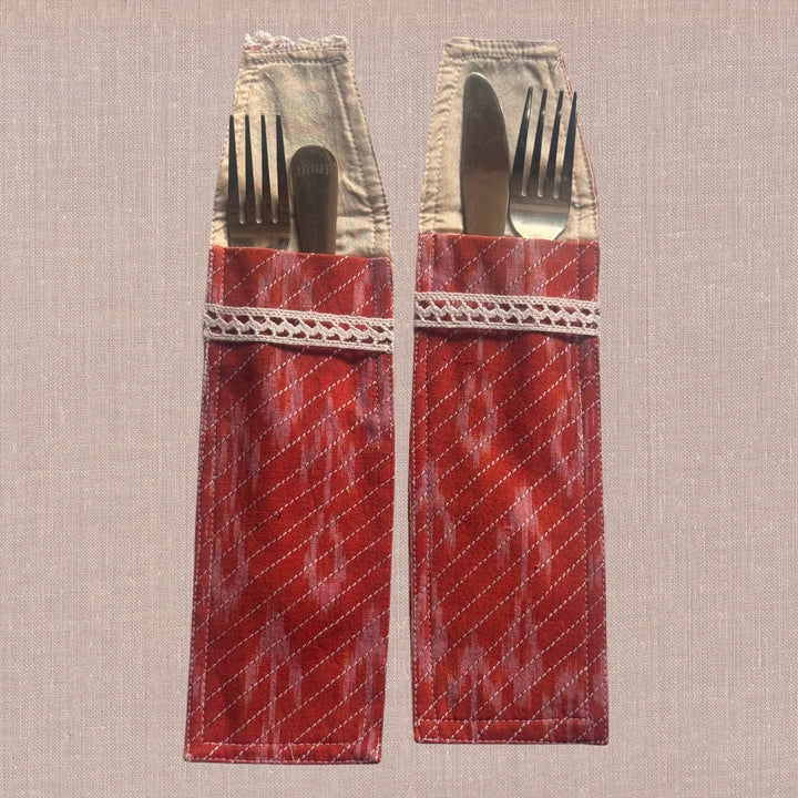 Travel Friendly Ikat Cotton Cutlery Carry Case | Rust Orange | Set of 2