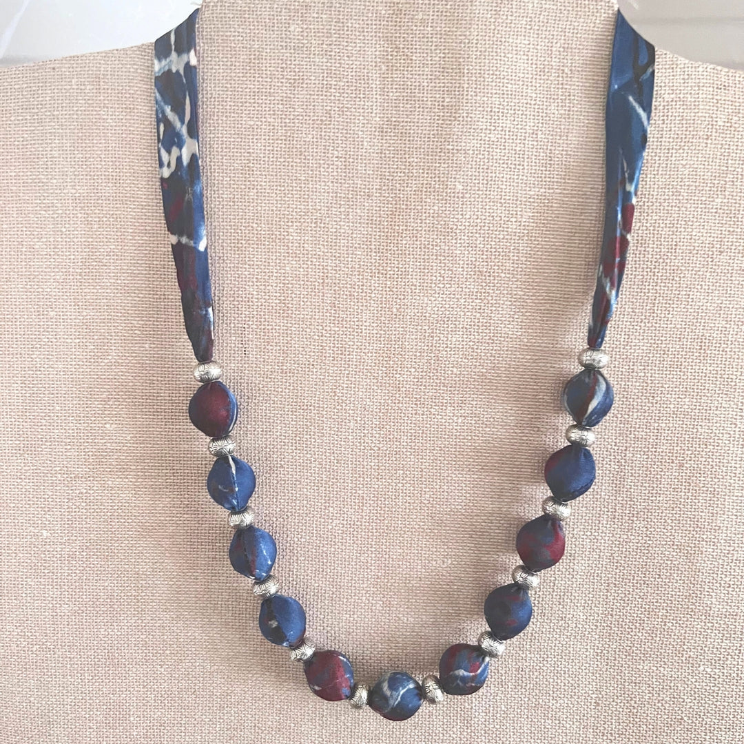 Beaded Ajrakh Necklace | Minimalist Design | Hand Crafted Fabric Beads | Indigo