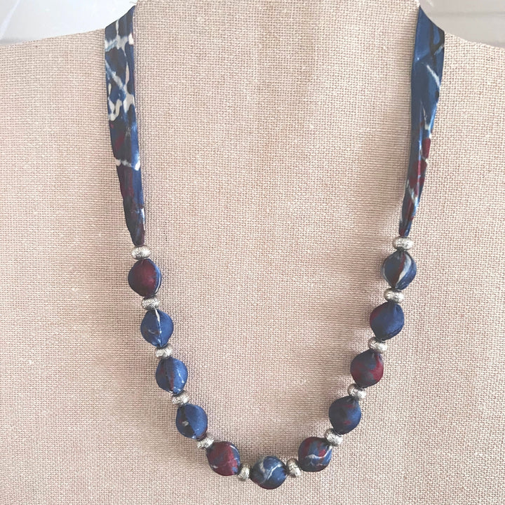 Beaded Ajrakh Necklace | Minimalist Design | Hand Crafted Fabric Beads | Indigo