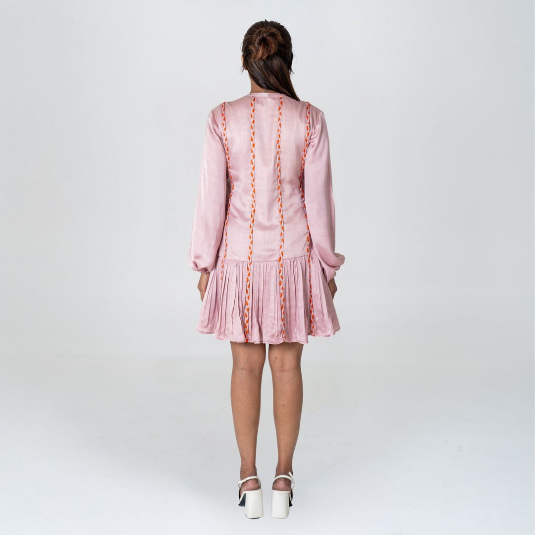 Pink-Orange Braided Short Gather Dress | Modal | Monochrome Elegance