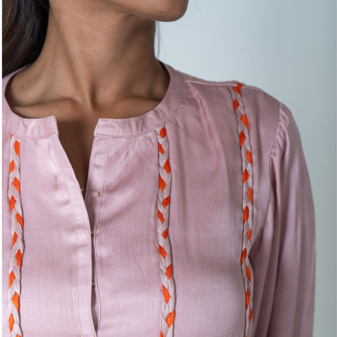 Pink-Orange Braided Short Gather Dress | Modal | Monochrome Elegance