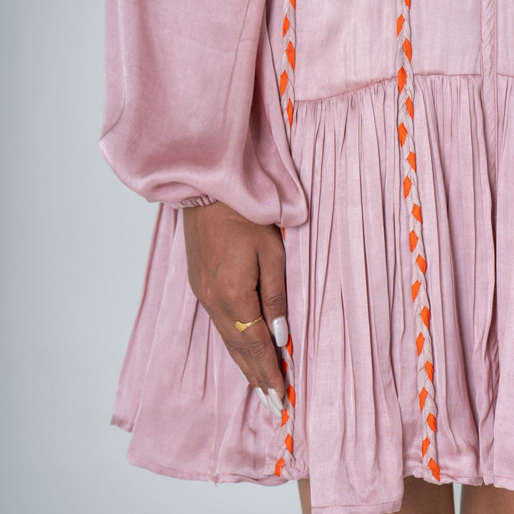 Pink-Orange Braided Short Gather Dress | Modal | Monochrome Elegance