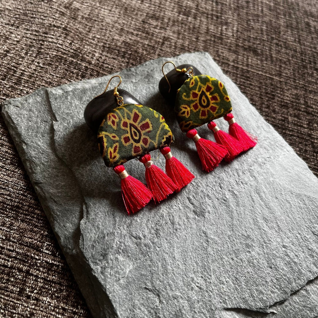 Green Ajrakh Drop Earrings | Hand-Crafted Fabric Jewelry | Ethnic | Unique