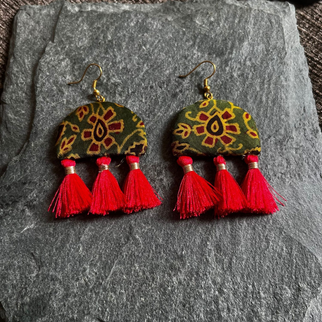 Green Ajrakh Drop Earrings | Hand-Crafted Fabric Jewelry | Ethnic | Unique