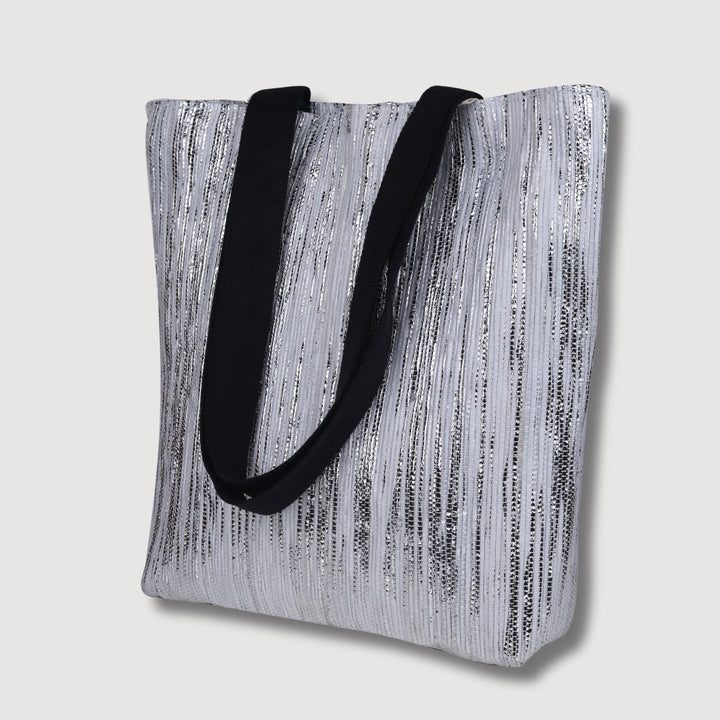 Silver Tote Bag | Up-cycled | Classic Style | Silver-White | Hand-Crafted | Eco-Style