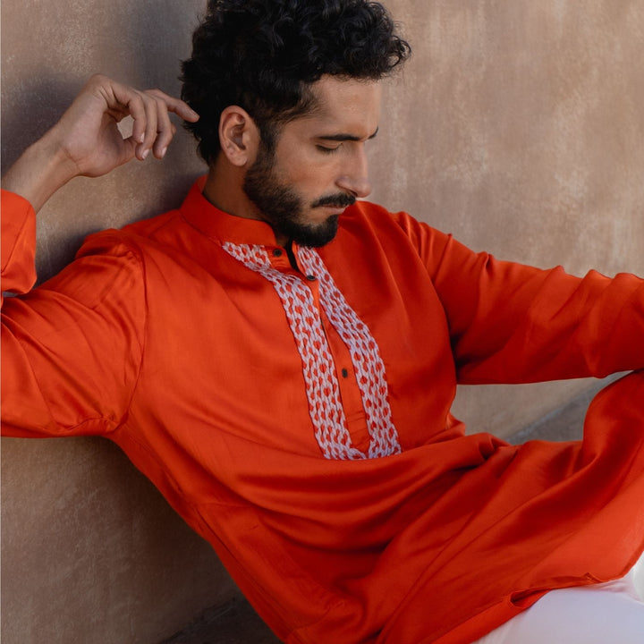 Men's Orange Braid Kurta Set | Traditional Occasion Wear | Set Of 2