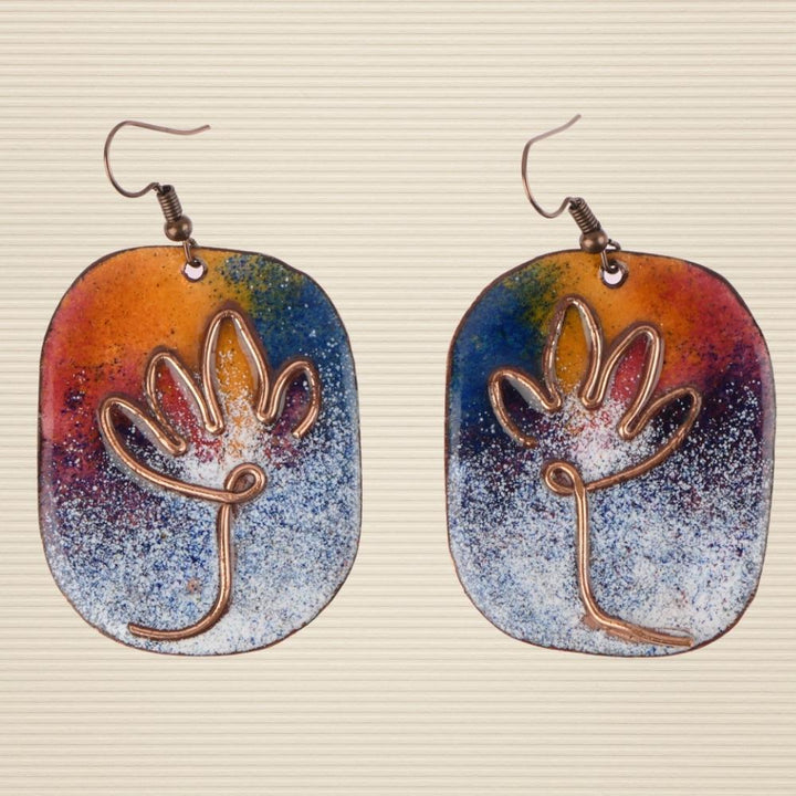 Lotus Pattern Unique Copper Enamel Dangler Earring | Hand-crafted