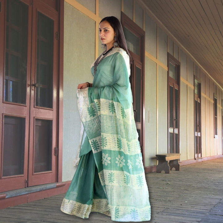 Sea Green Muslin Saree For Women | Artistic Batik Printed | Office Wear 