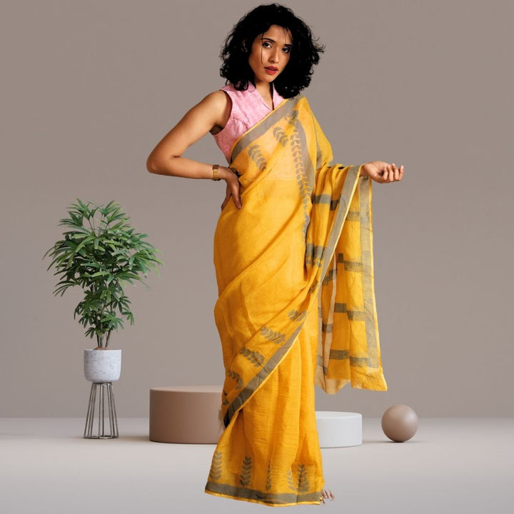 Rosa Saree | Kota | Hand Block Printed | Silk | Summery | Grey | Mustard Yellow