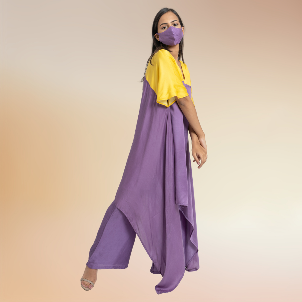 Purple Yellow Colour Blocked Kurta Set | Bemberg Modal Silk | Sustainable