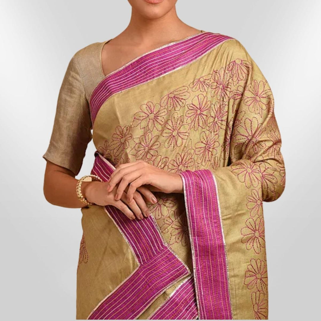 Golden & Magenta Tussar Silk Saree with Intricate Sujani Embroidery | Festive