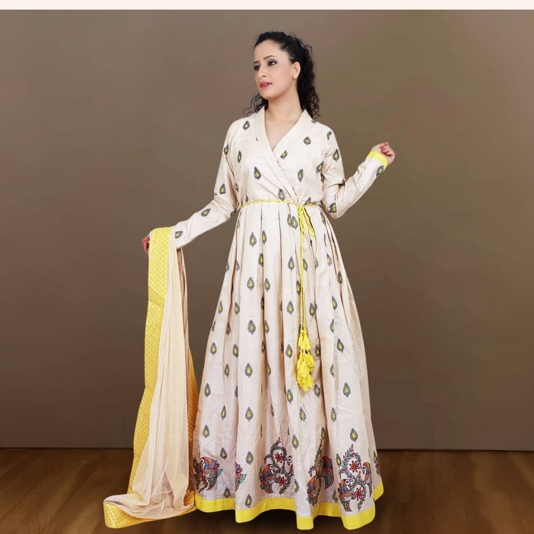 Tiahna Tussar Silk Anarkali | Madhubani Hand-Painted | Beige & Yellow