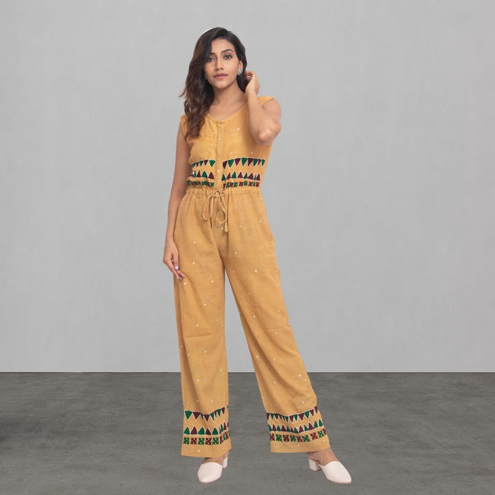 Muted Mustard Yellow Jumpsuit | Batik and Kantha Embroidered | Smart Casual