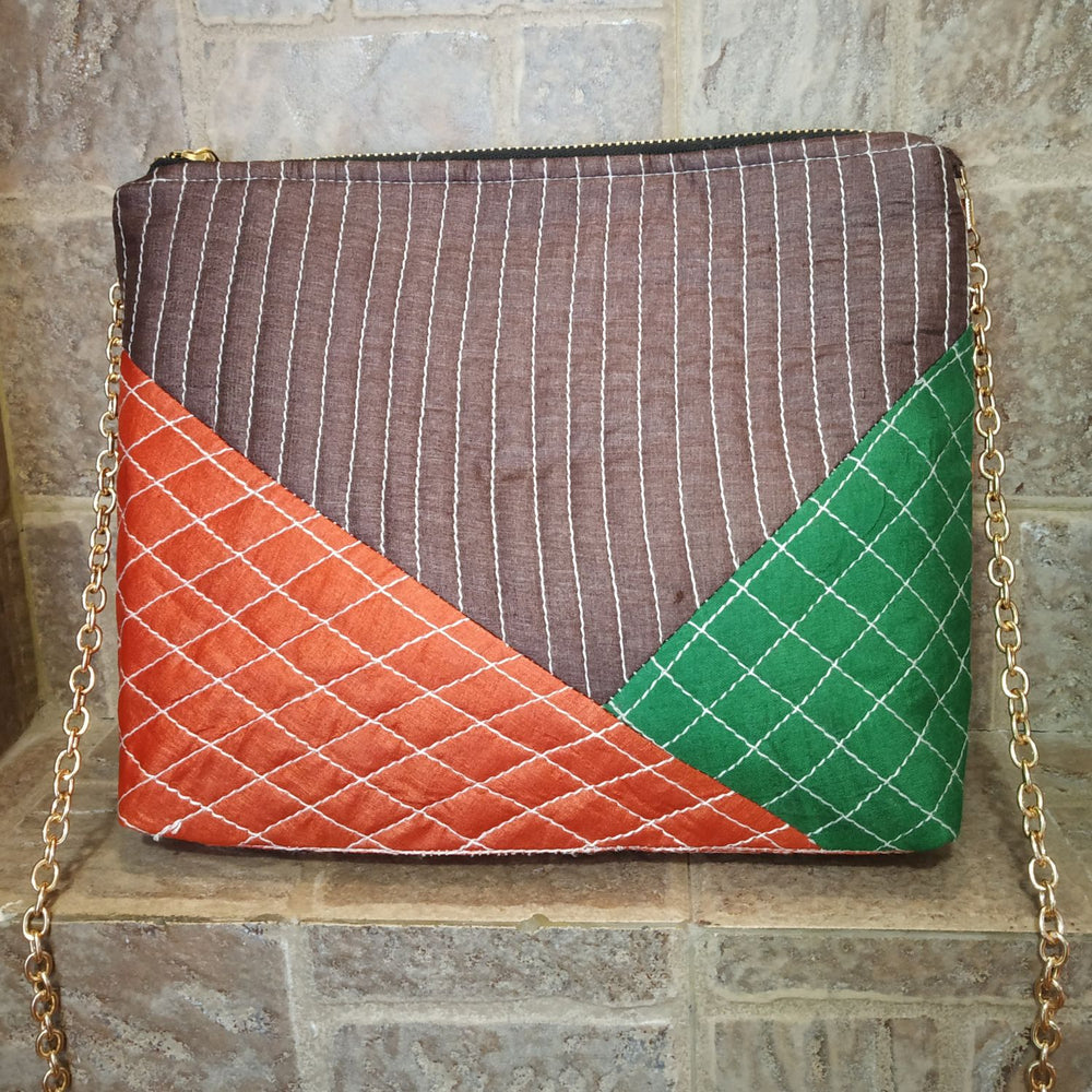 Tri-coloured Silk Quilted Clutch Bag | Geometric Pattern | Hand-Crafted