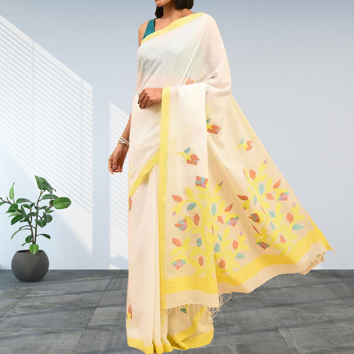 Jamdani White And Yellow Cotton Mul Mul Saree | Hand Crafted | Serene | Super Soft