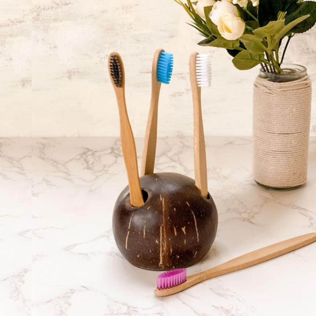 Hand-Crafted Coconut Shell Toothbrush Holder | Eco-Friendly | Brown