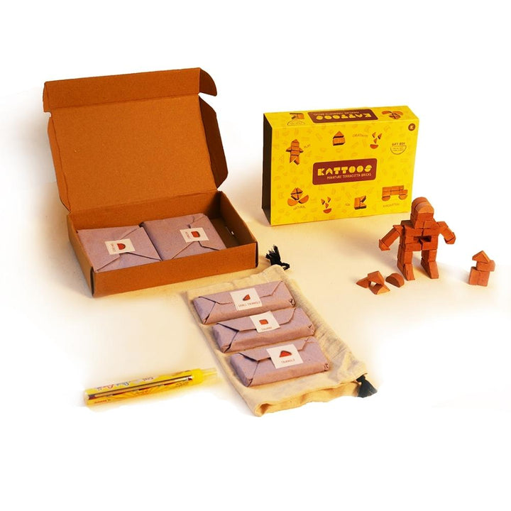 Miniature Terracotta Bricks DIY Set Of 151 Pieces | Handmade | Gift Pack | Yellow Box