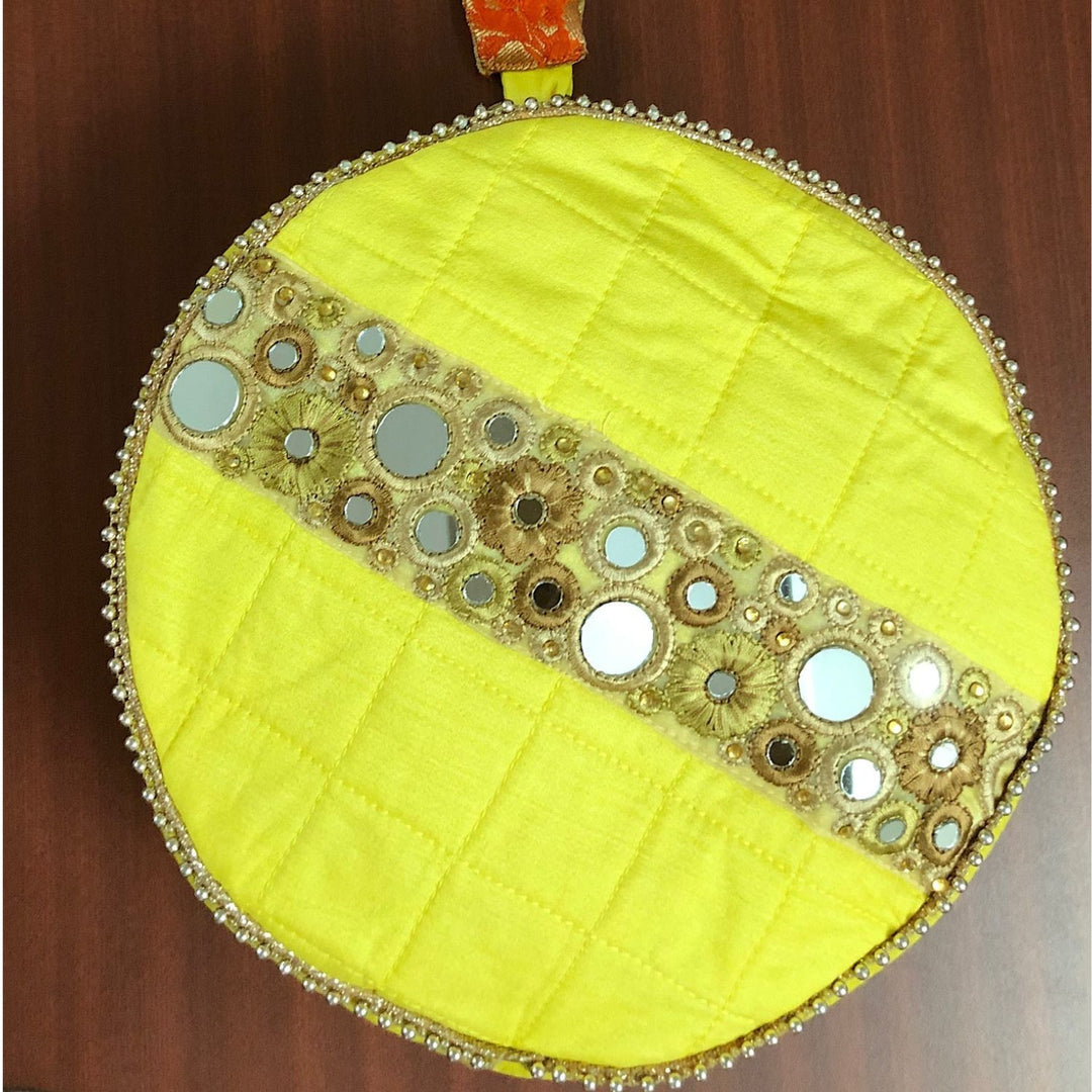 Saffron Circular Wrist Bag | Mirror Work & Pearl Embellishments