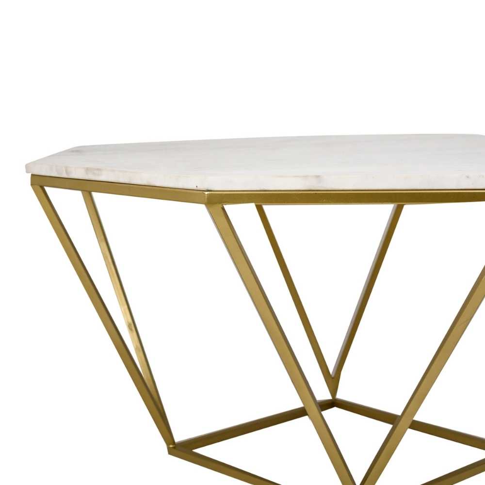 Hexagon Shape Coffee Table With Marble Table Top | Modern Accent Table | Gold Finish Stand | 31 Inches