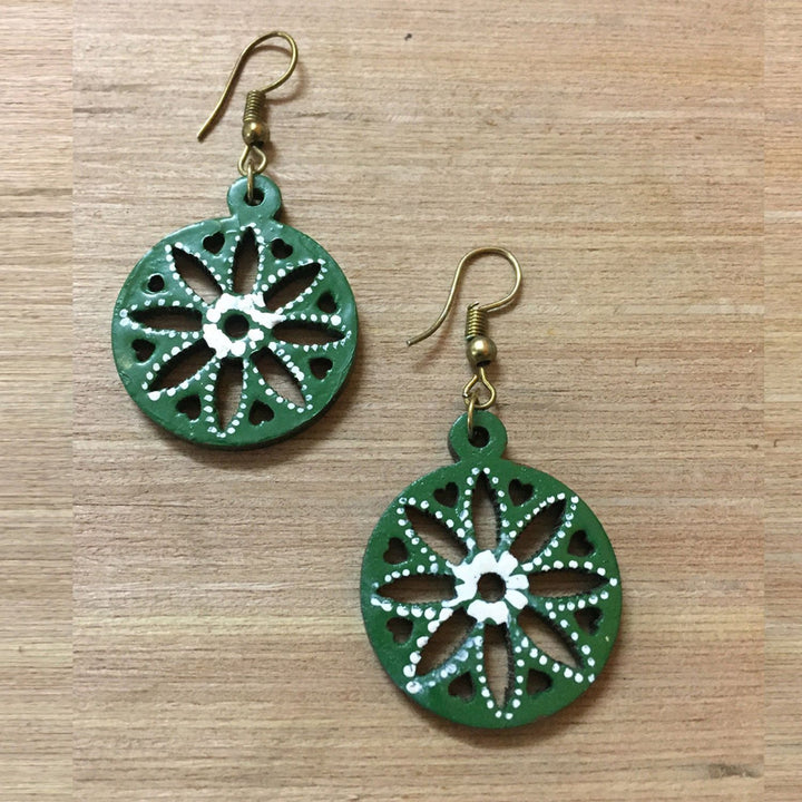 Green Round Painted Tikuli Art Drop Earrings | Artistic | Vibrant Jewelry | Everyday Wear