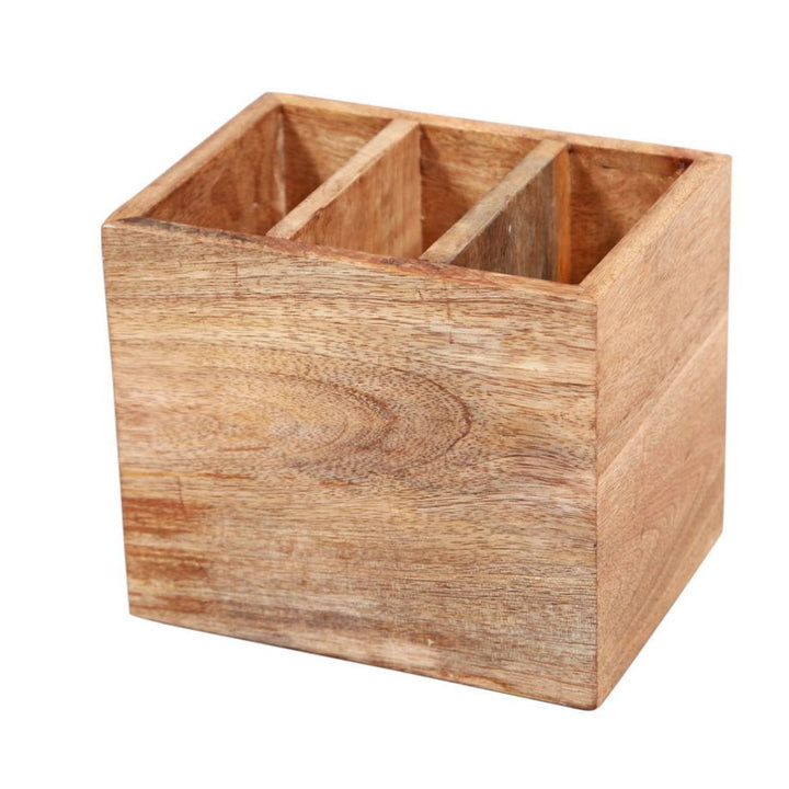 Wood Finish Cutlery Holder | Table Accessory | 3 Compartment | Solid Mango Wood | 6.8 Inches