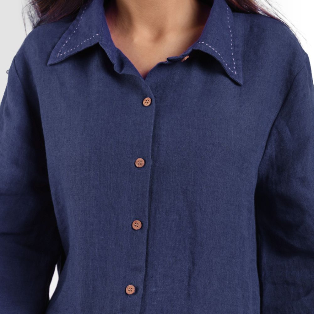 Indigo Blue Collared Peplum Top | 100% European Linen | Eco-Friendly