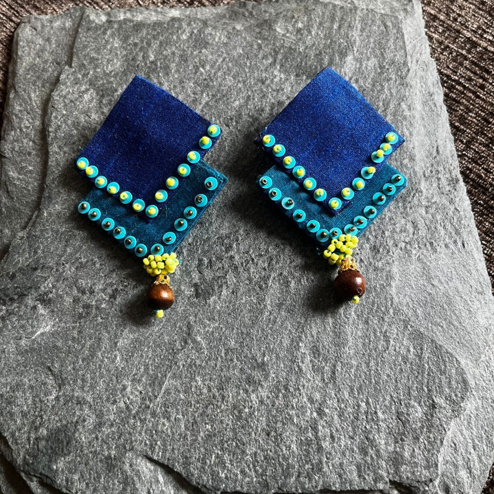 Layered Two Tone Blue Earrings | Hand Crafted | Monochrome Look | Ethnic Fabric Jewelry