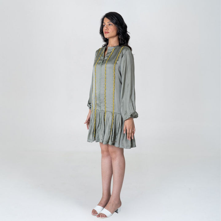 Green-Yellow Braided Short Gather Dress | Modal | Sustainably Chic