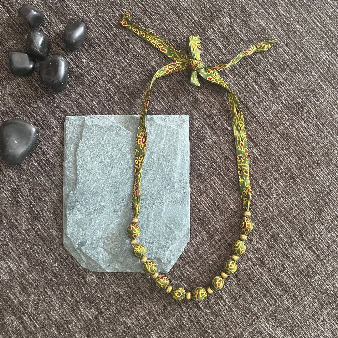 Beaded Fabric  Necklace | Minimalist Design | Hand Crafted | Adjustable | Green Yellow