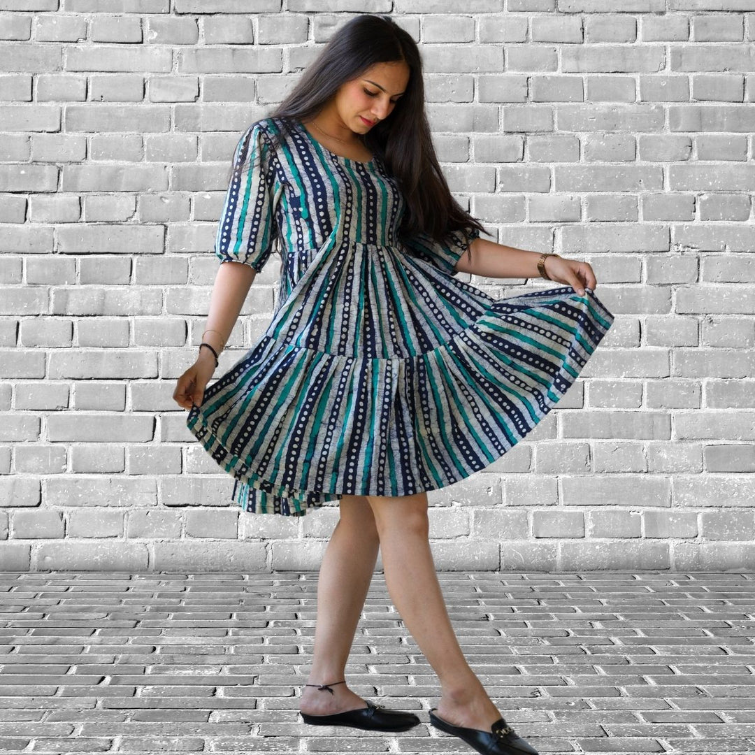 Women Tier Dress | Batik Printed Cotton | Casual Wear | Green and Blue Stripe