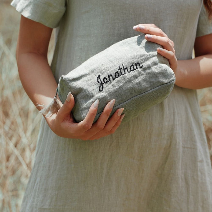 Linen Personalised Pouch | Fresh Olive | Travel Friendly | Sustainable & Elegant