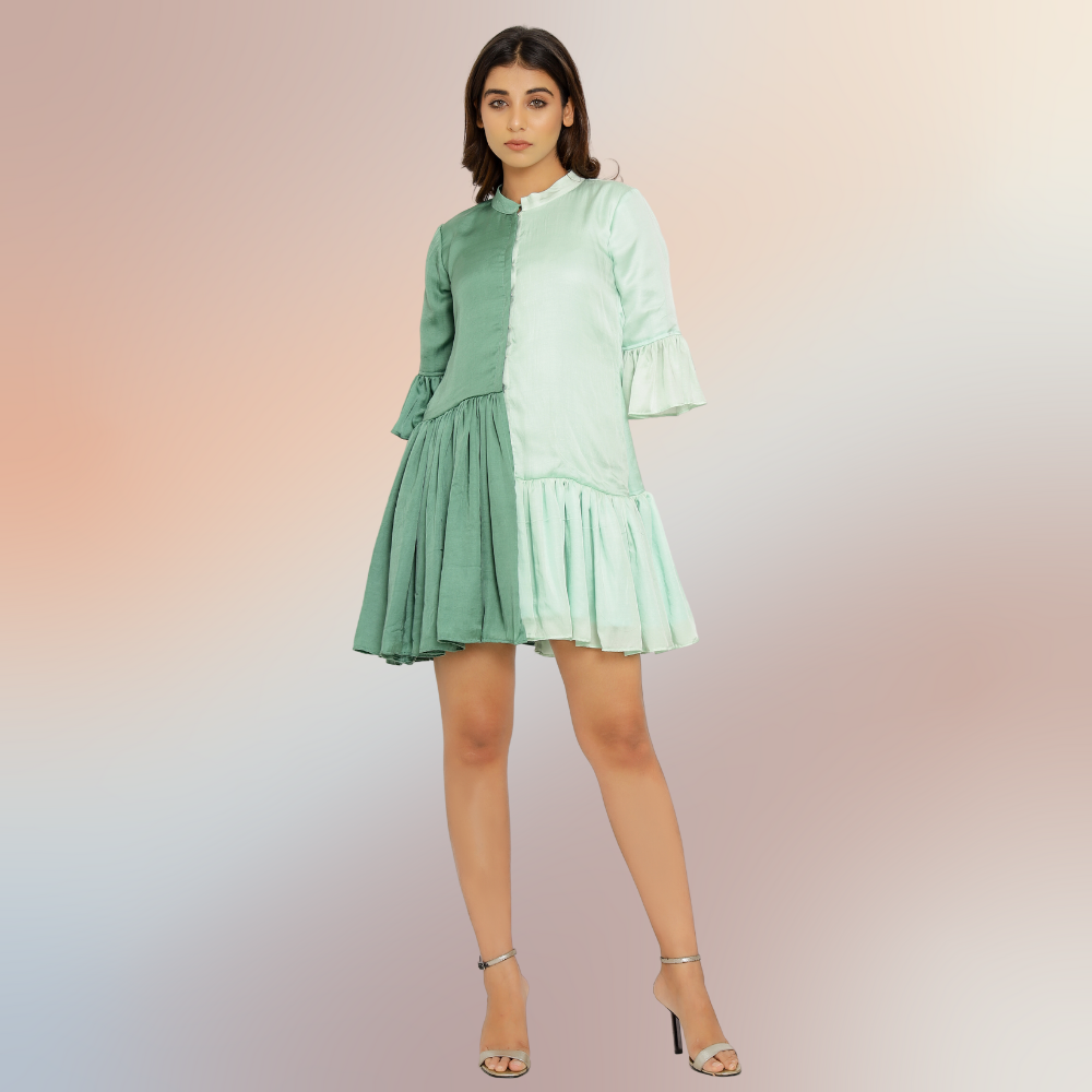 Teal-Tea Green Half & Half Gathered Dress | Modal Silk | Sombre Dress