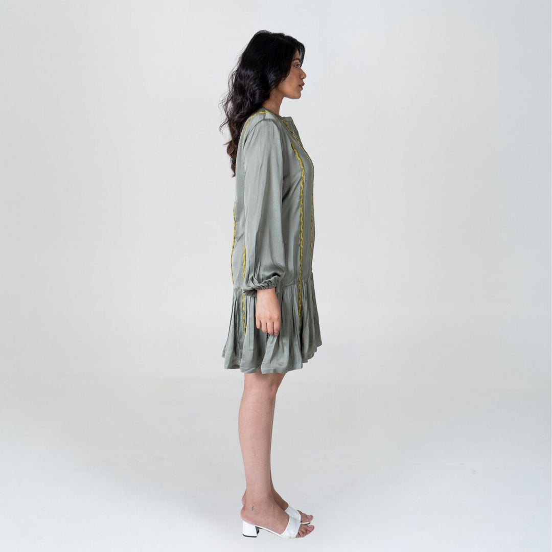 Green-Yellow Braided Short Gather Dress | Modal | Sustainably Chic