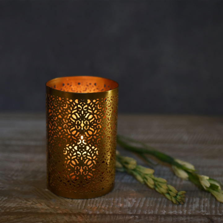 Roshni Jaali Pillar Candle Holder |  Classic Style | Table Top Accent | Festive Decor | Hand-Crafted | 6"