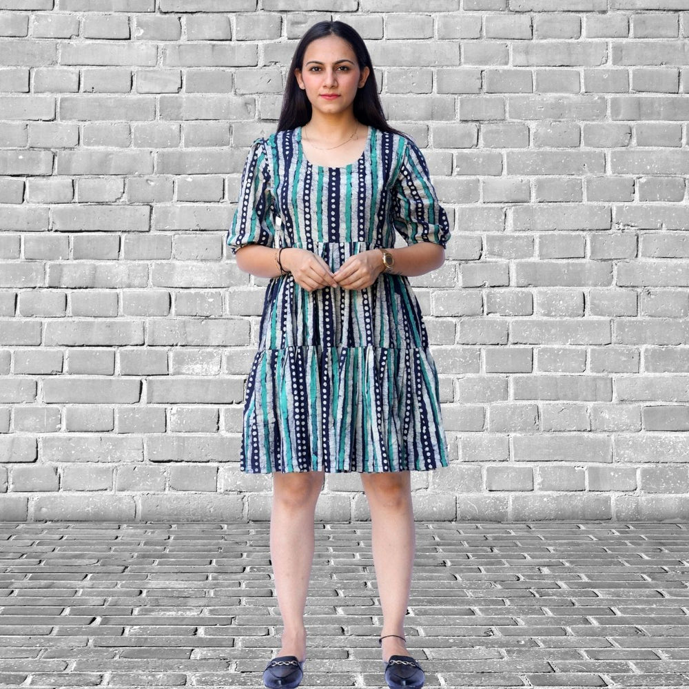 Women Tier Dress | Batik Printed Cotton | Casual Wear | Green and Blue Stripe