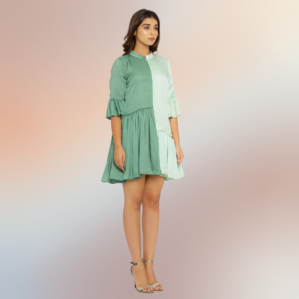 Teal-Tea Green Half & Half Gathered Dress | Modal Silk | Sombre Dress