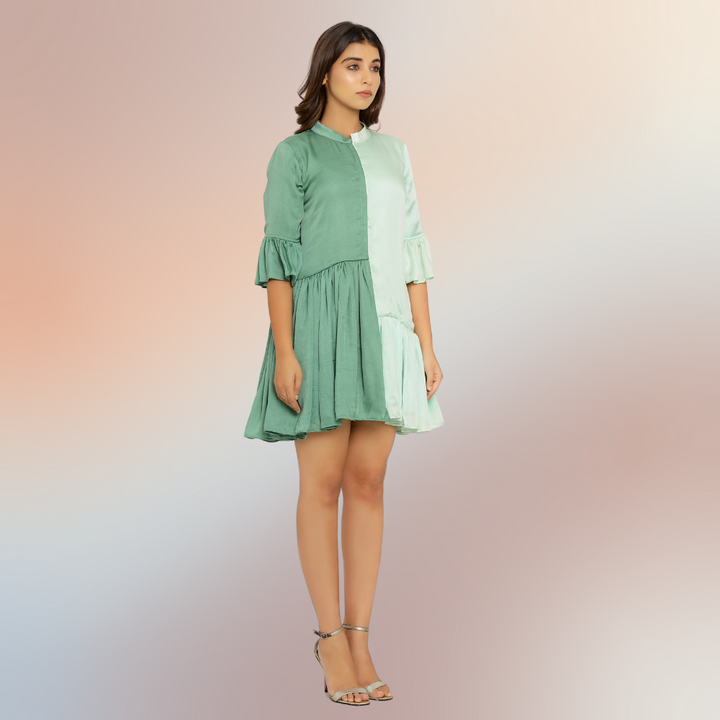 Teal-Tea Green Half & Half Gathered Dress | Modal Silk | Sombre Dress