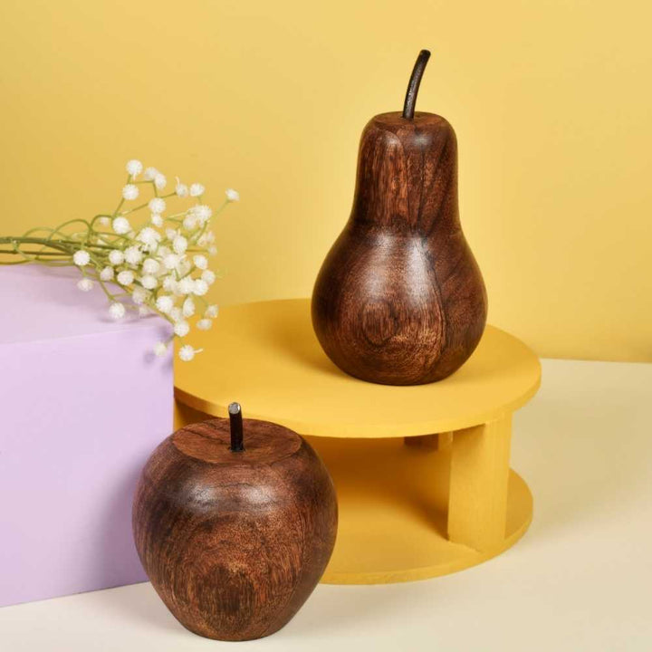 Mango Wood Pear and Apple Decorative Set | Modern Home Decor | Hand-Crafted | Mango Wood | Set of 2