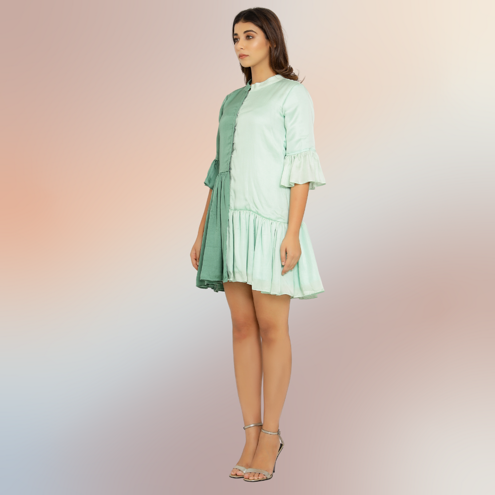 Teal-Tea Green Half & Half Gathered Dress | Modal Silk | Sombre Dress