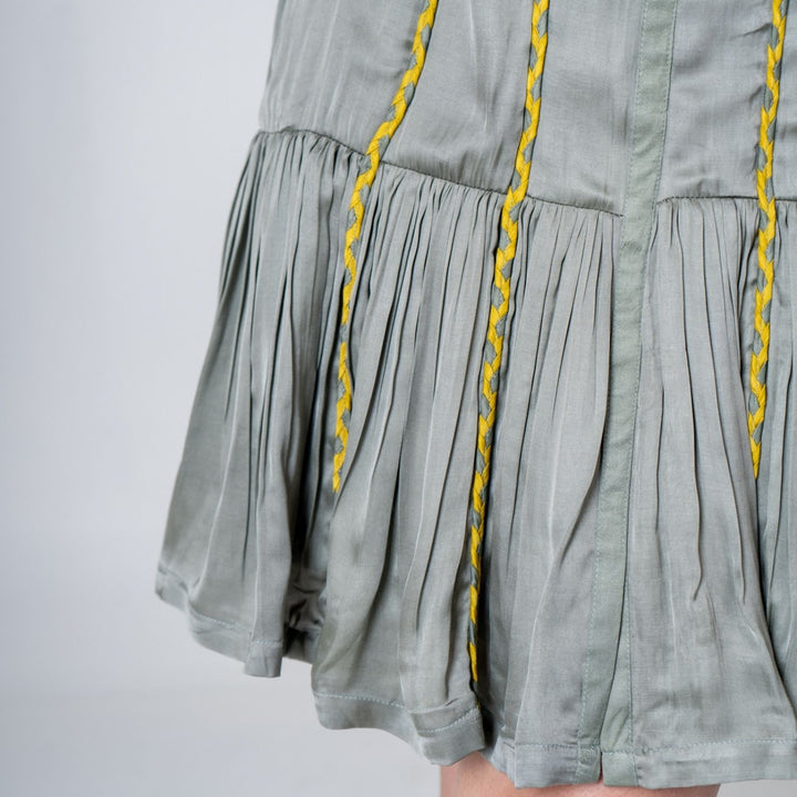 Green-Yellow Braided Short Gather Dress | Modal | Sustainably Chic