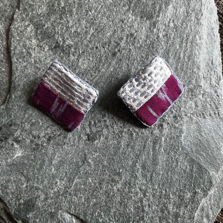 Magenta And Grey Square Studs | Hand-Crafted With Sujani And Ikat | Artistic