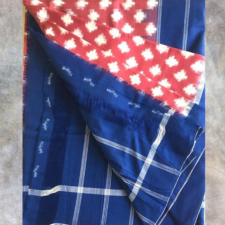 Rust And Blue Pochampally Double Ikat Saree | Cotton | Elegant Drape 