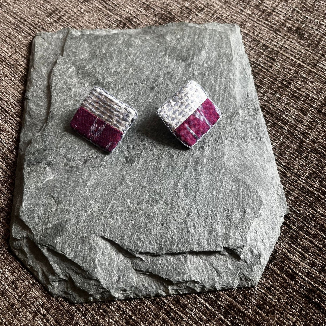 Magenta And Grey Square Studs | Hand-Crafted With Sujani And Ikat | Artistic