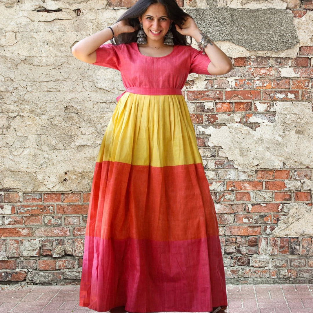 Colour Block Maxi Dress | Festive | Breathable Cotton | Yellow, Red & Orange