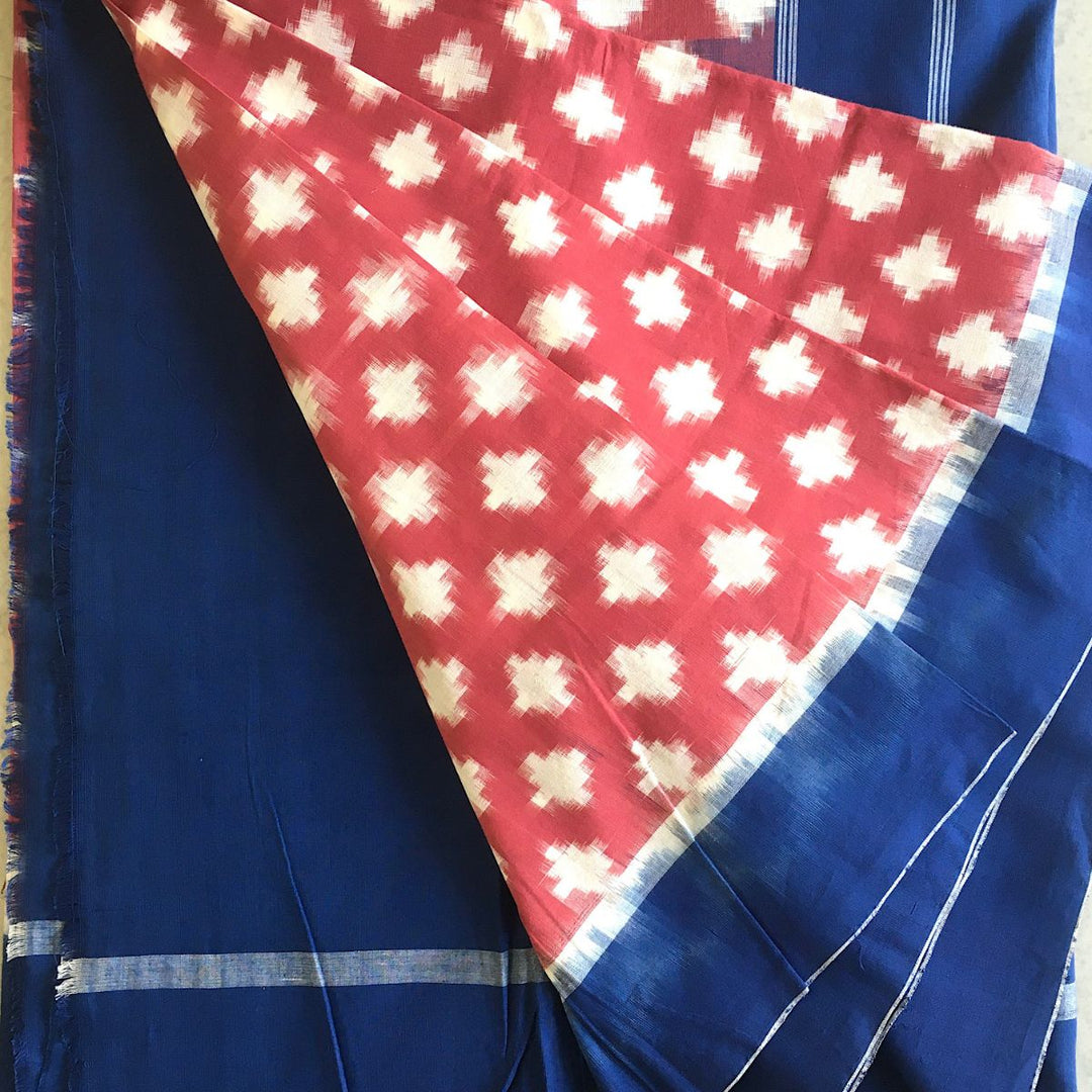 Rust And Blue Pochampally Double Ikat Saree | Cotton | Elegant Drape 