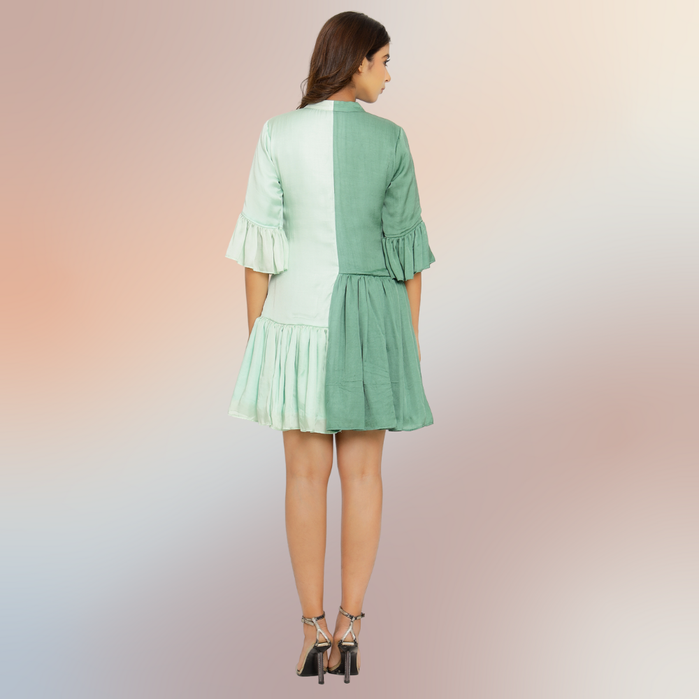 Teal-Tea Green Half & Half Gathered Dress | Modal Silk | Sombre Dress