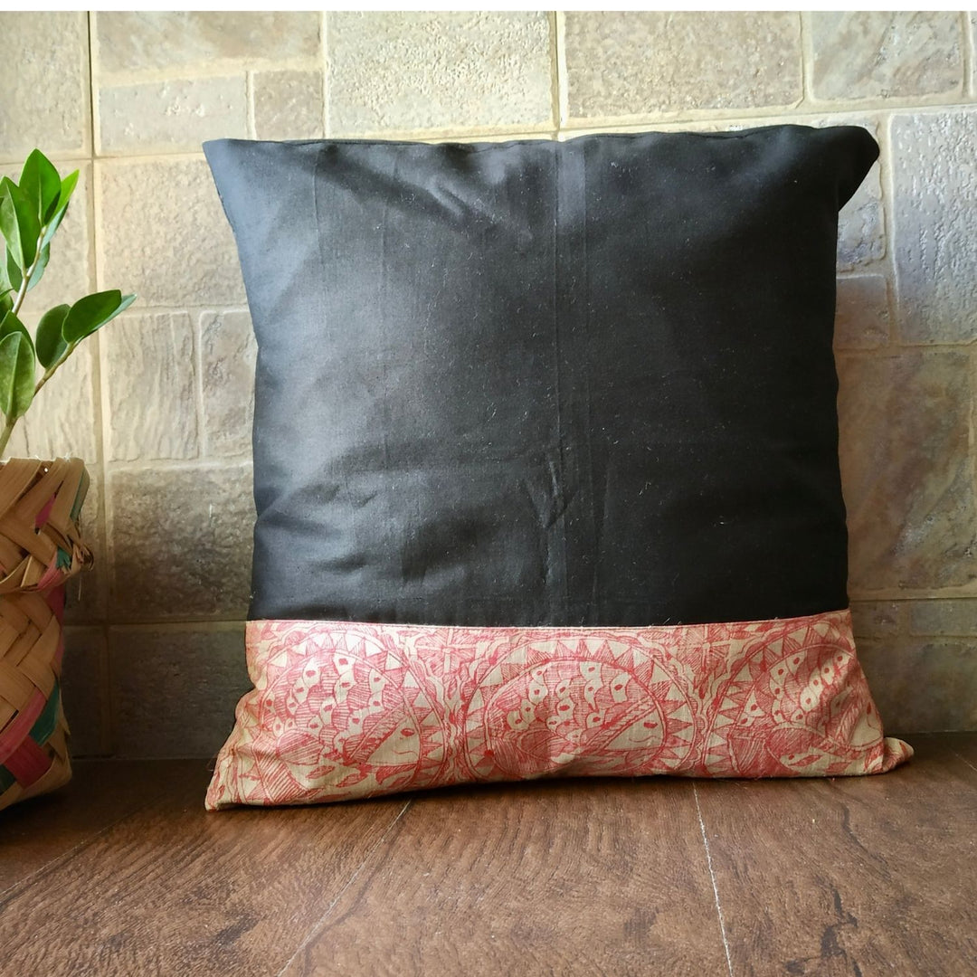 Black Cushion Cover | Madhubani Hand-Painted | 16" x 16"