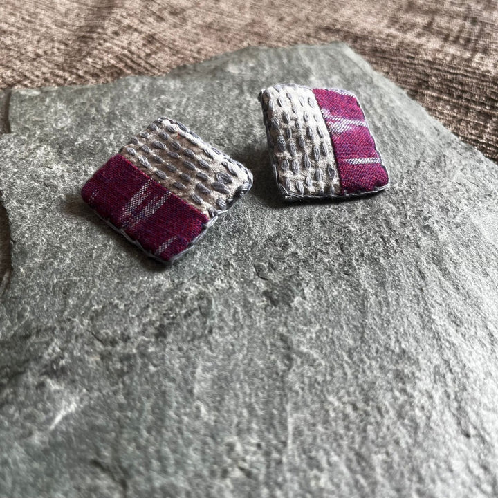 Magenta And Grey Square Studs | Hand-Crafted With Sujani And Ikat | Artistic