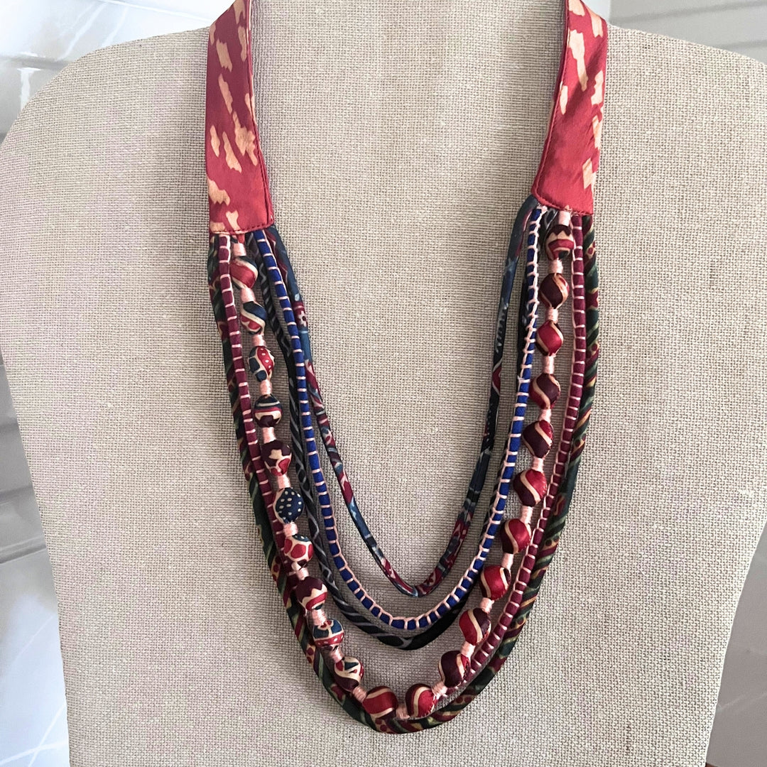 Maroon Layered Necklace | Ajrakh and Silk | Artistic | Hand-Crafted | Ethnic Look